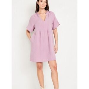 Old Navy Women SZ L Split Neck Crinkle Guaze mini swing dress Mauve pockets